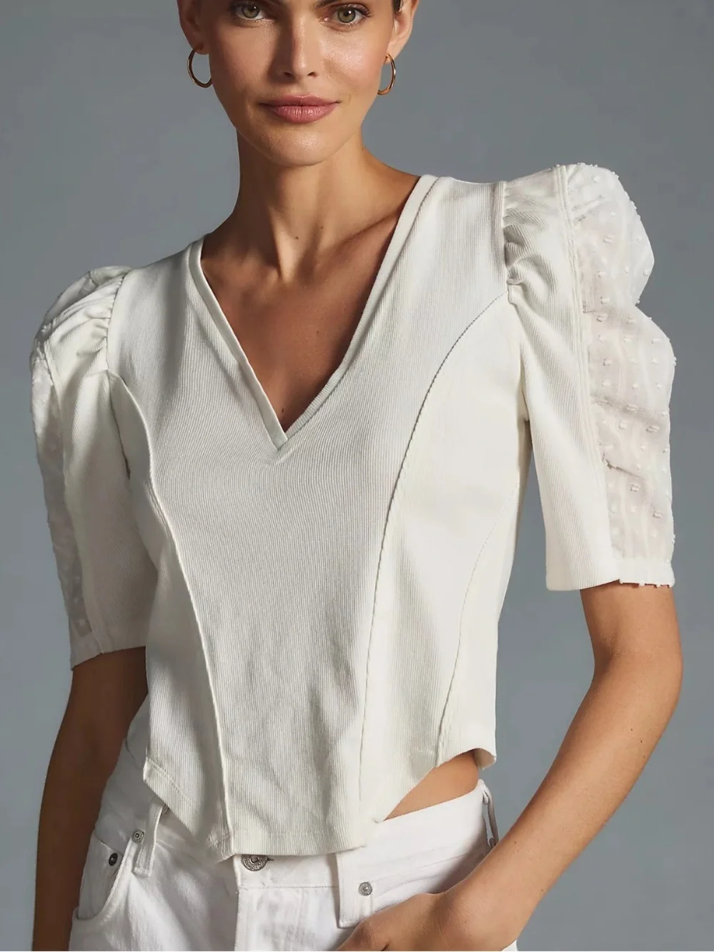 NEW By Anthropologie Puff-Sleeve Structured‎ V-Neck Tee white w/stretch size XS